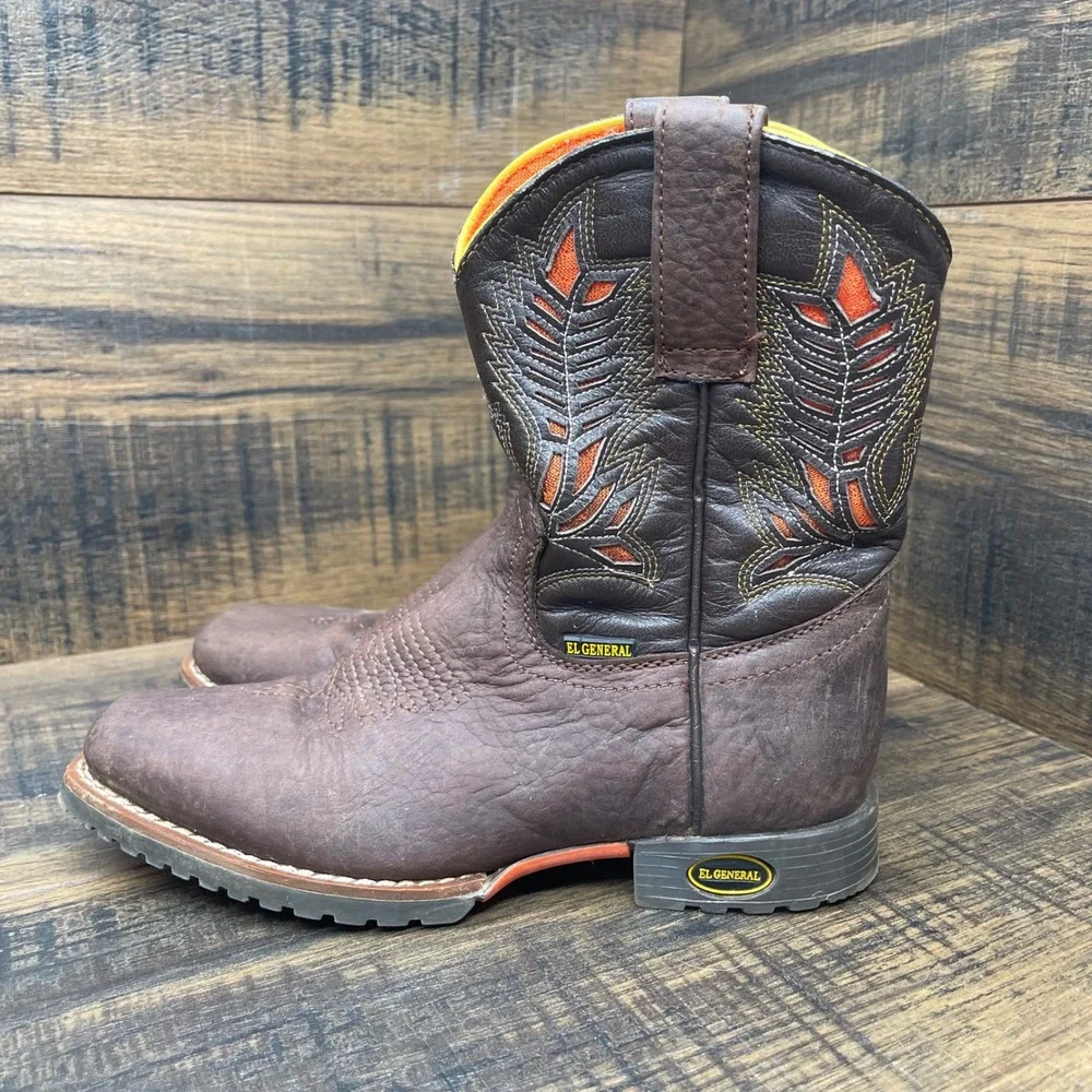 El General Cowboy Boots Kids Size 12 Brown‎ Leather Orange Embroidery Lug Sole